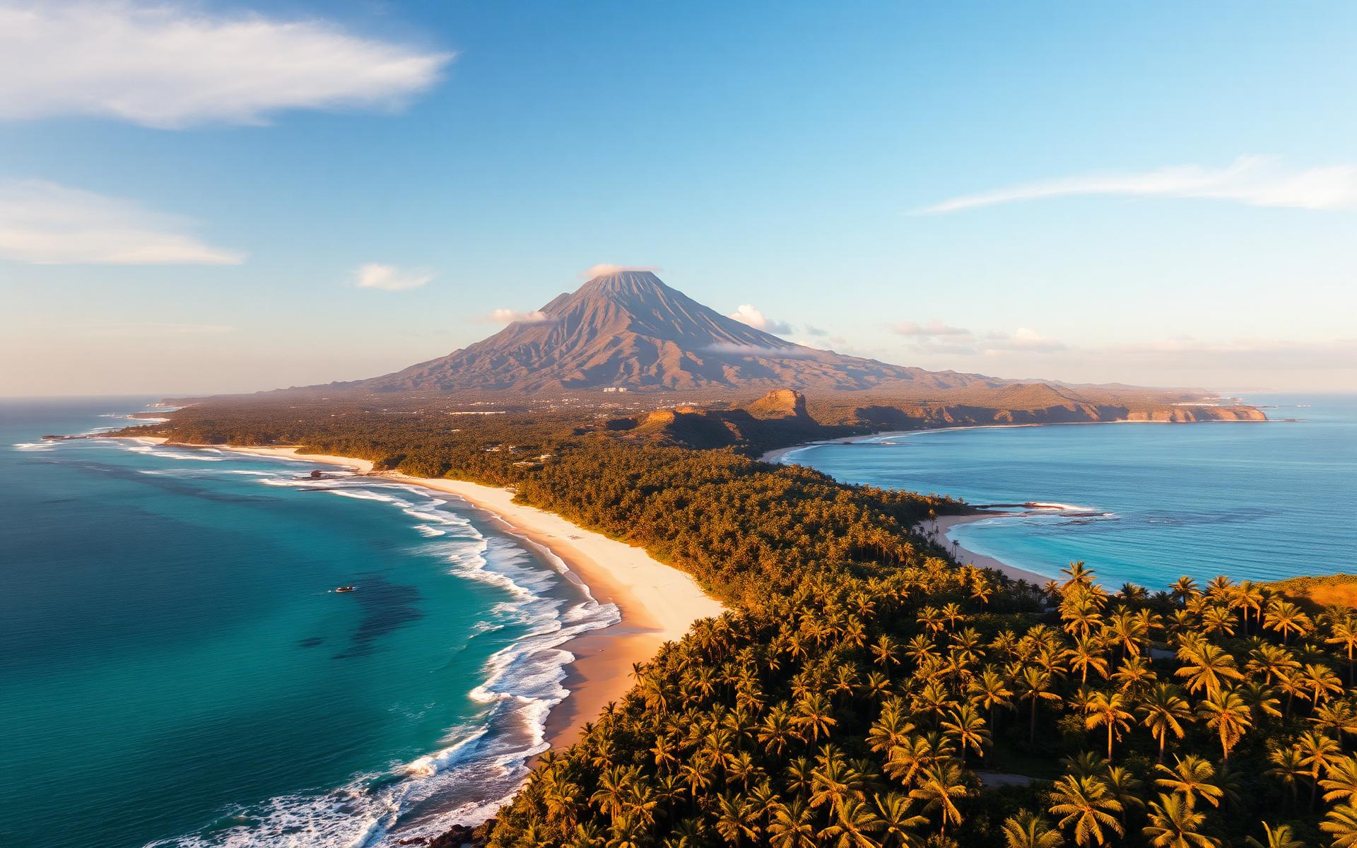 A curving tropical coastline at golden hour